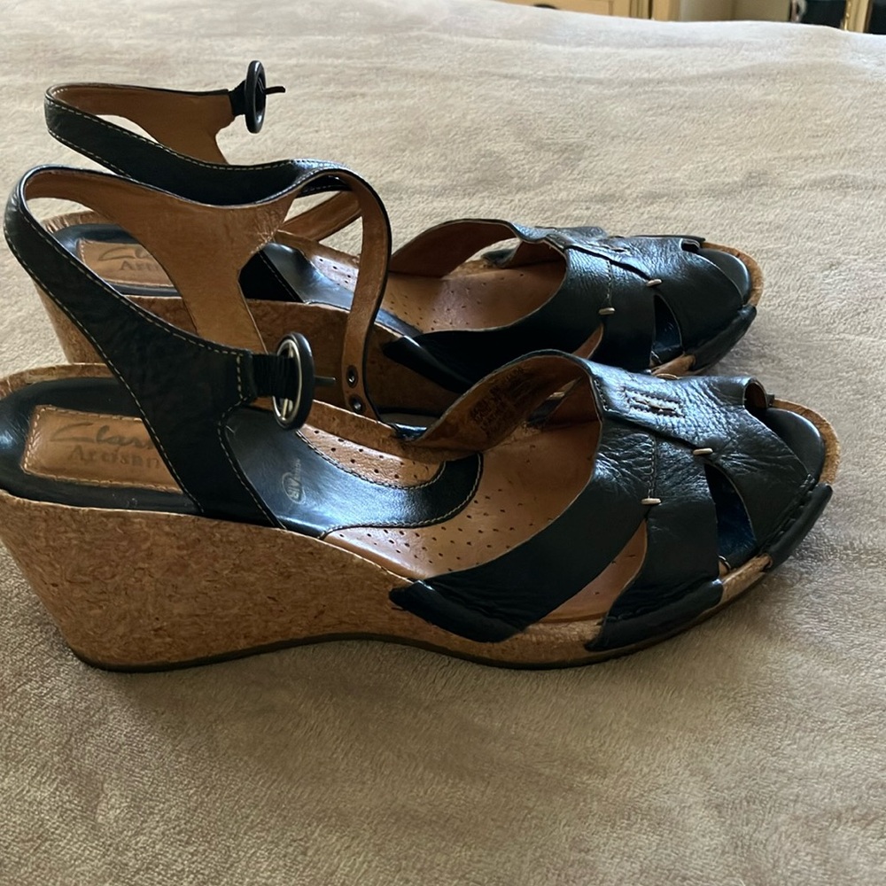 Clarks Black Wedge Sandals with Cork Heel and Ankle Strap